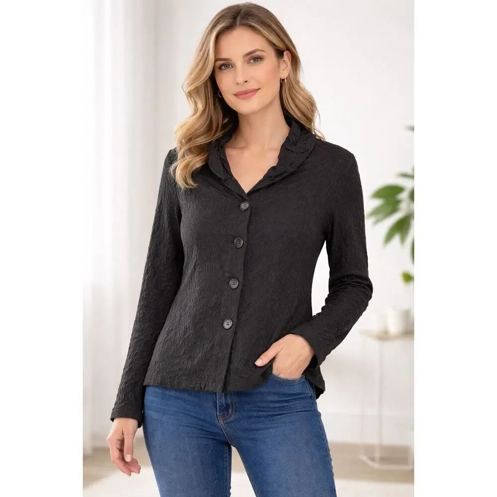 Vetono Black Textured Button Front Jacket Ruffled Collar Sz III EU/ L US *Notes